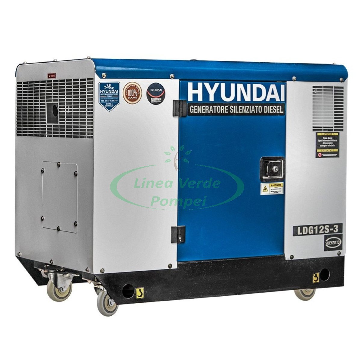 Linea Verde Pompei  Prodotto: 5820 - Generatore di corrente diesel Hyundai  silenziato monofase e trifase su ruote 10kW nominale e 11 kW max  bicilindrico diesel 954 cc FULL POWER cod. 65238